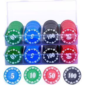 Plastic Poker Chips Poker Chip Set with Storage Box,Denomination Printed Casino Style Chip for Texas Home Game Nights,Holdem Poker Nights,Blackjack or Roulette Games,Casino Parties