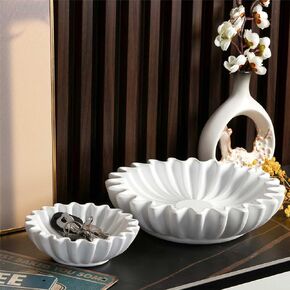 2 Pcs Ruffle Bowl 10 Inches 6 Inches Fruit Antique Scallop Bowl Decorative Fluted Bowl Flower Resin Vintage Ring Dish for Wedding Housewarming Gift, White
