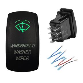 12V 24V Green Windshield Washer Wiper Momentary Rocker Switch with Wires 7Pins (On)-Off-On DPDT Switch for Car Boat Truck Bus Trailer Caravan Camper Jeep UTV RZR Car Tuning Accessories