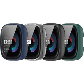 Screen Protector Compatible for Fitbit Versa 4/Sense 2 Watch Case, Tempered Glass Ultra-Thin Full-Coverage Shockproof Bumper (3 Pack A)