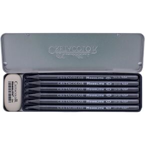 CRETACOLOR Monolith Graphite 6-Piece Set & Eraser, 6 Pc/Set - Graphite & Eraser, Tin Box,Gray