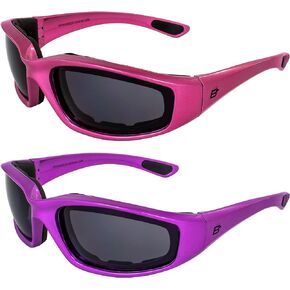2 Pairs of Birdz Eyewear Oriole Padded Motorcycle Sunglasses for Women Scratch-Resistant Pink & Purple Frames w/Smoke Lenses