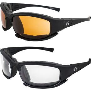 AO3 Motorcycle Sunglasses Foam Padded Riding Safety Glasses Z87.1 Convertible to Goggles for Men or Women 2 Pair Black Frame Glasses w/Amber & Clear Lenses