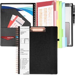 HAUTOCO Leather Clipboard Folio with Storage Zipper Pouch, Notepad, Business Card Holder, 5 Divider with 10 Pocket, File Folder Label, Pen Loop, Elastic Strap, Spiral Padfolio Clipboard, Olive Green