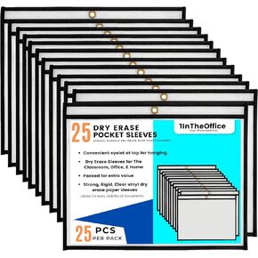 1InTheOffice Dry Erase Pocket Sleeves, Black Shop Ticket Holders 12x9, Plastic Sleeve 25/ Pack