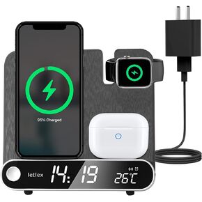Smart 3 in 1 Wireless Charger Alarm Clock – Digital with LED Display – Qi 15w Fast Charging Station – with 18w Adapter & Type C Cable – Compatible with iPhone, Samsung, Smartwatch, Earphones