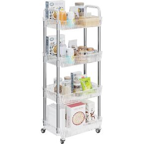 Dttwacoyh 4-Tier Rolling Cart，Makeup Cart with Wheels，Snack Cart，PET and Metal Rolling Cart for Living Room，Kitchen，Office，Bathroom，Golden