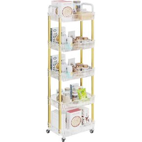 Dttwacoyh 4-Tier Rolling Cart，Makeup Cart with Wheels，Snack Cart，PET and Metal Rolling Cart for Living Room，Kitchen，Office，Bathroom，Golden