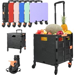 SELORSS Foldable Utility Cart Rolling Crate Handcart 110lbs Large Capacity Shopping Cart with 360°Rotate Noiseless Wheels & Telescoping Handle for Transports Groceries Office School Use(Black