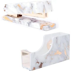 Acrylic Gold Marble White Office Desk Sets Stapler & Tape Dispenser Heavy Duty Office Supplies Desk Accessories Set with 1000Pcs 24/6 Rose Gold Staples (Marble Gold)