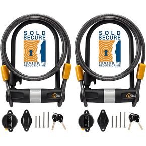 Via Velo 2 Bicycle U-Lock Set, Same Key System 4 Keyed Alike Keys, Heavy Duty Sold Secure 14mm Shackle and 10mm x 1.8m Cable with Mounting Bracket for Road Bike Mountain Bike Folding Bike