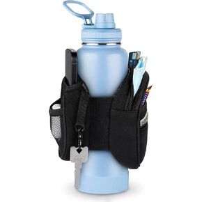 SITHON Gym Water Bottle Pouch Caddy, Non-Slip Water Bottle Sleeve Bag for Gym with Double Side Pockets Holder for Phone Key, Secure Zipper Storage Pocket for AirPods Cards and Small Items, Black