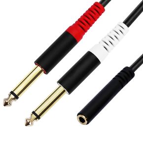 1/4 TRS Female to Dual 1/4 TS Y Splitter Cable Adapter, 1/4" Female TRS to Dual 6.35mm TS Male Adapter, 6.35mm 1/4 Inch Female to Two 6.35mm 1/4 inch TS Stereo Breakout Cable - 1 ft