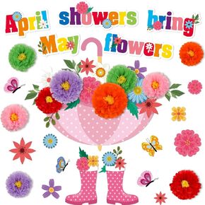April Showers Bring May Flowers Bulletin Board Decorations Spring Cutouts with 3D Tissue Paper Pompoms Spring Bulletin Board Spring Flower Classroom Decor for School Home Party Supplies