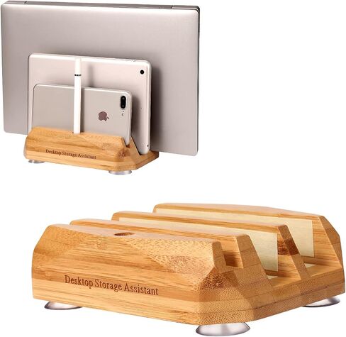 Vertical Laptop Stand - 3 Slots，Wood Laptop Holder Vertical for Computer, Tablet, Phone ，MacBook Stand for Desk Fits All MacBook/Surface pro/Samsung/HP/Dell/Chrome Book(Walnut) in Saudi Arabia