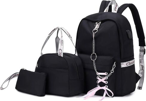 Hey Yoo School Backpack for Girls Women Children Kids Backpack School Bag Bookbag Set with Lunch Bag for Teen Girl (Black) in Saudi Arabia