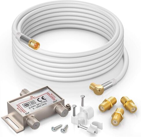Coaxial Cable RG6 (15 feet, White) Quad Shield Straight Male to 90 Degree Angled Male F-Type Connector with 2 Way Splitter, Couplers, Nail Cable Clips in Saudi Arabia