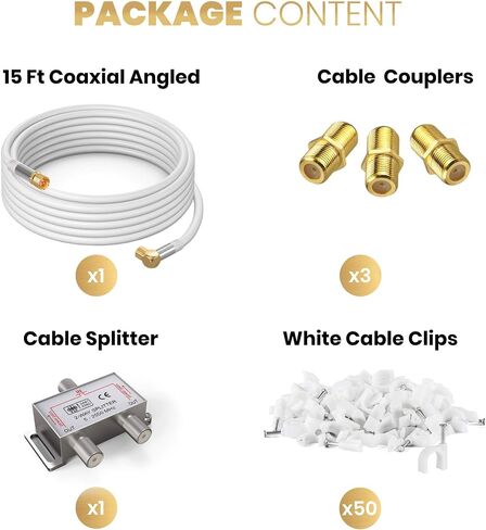 Coaxial Cable RG6 (15 feet, White) Quad Shield Straight Male to 90 Degree Angled Male F-Type Connector with 2 Way Splitter, Couplers, Nail Cable Clips in Saudi Arabia