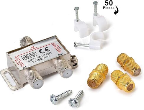 Coaxial Cable RG6 (15 feet, White) Quad Shield Straight Male to 90 Degree Angled Male F-Type Connector with 2 Way Splitter, Couplers, Nail Cable Clips in Saudi Arabia