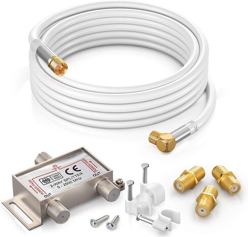 Coaxial Cable RG6 (15 feet, White) Quad Shield Straight Male to 90 Degree Angled Male F-Type Connector with 2 Way Splitter, Couplers, Nail Cable Clips in Saudi Arabia