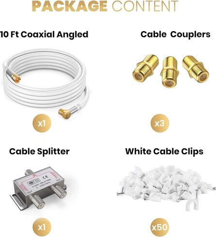 Coaxial Cable RG6 (15 feet, White) Quad Shield Straight Male to 90 Degree Angled Male F-Type Connector with 2 Way Splitter, Couplers, Nail Cable Clips in Saudi Arabia