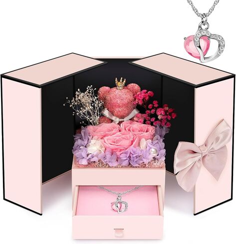 Preserved Flowers Gifts for Women Mom Grandma, Red Rose Bear Forever Flowers Gift Box for Mother's Day, Flower Bear Gifts With Necklace for Her, Wife, Gifts for Christmas, Valentine, Birthday in Saudi Arabia