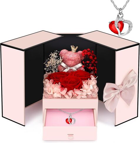 Preserved Flowers Gifts for Women Mom Grandma, Red Rose Bear Forever Flowers Gift Box for Mother's Day, Flower Bear Gifts With Necklace for Her, Wife, Gifts for Christmas, Valentine, Birthday in Saudi Arabia