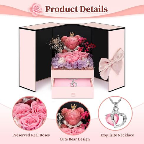 Preserved Flowers Gifts for Women Mom Grandma, Red Rose Bear Forever Flowers Gift Box for Mother's Day, Flower Bear Gifts With Necklace for Her, Wife, Gifts for Christmas, Valentine, Birthday in Saudi Arabia