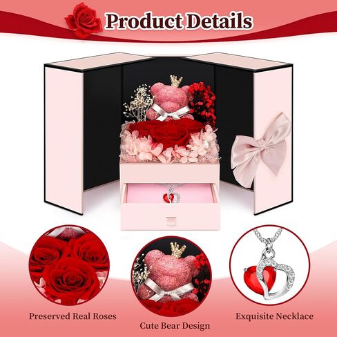 Preserved Flowers Gifts for Women Mom Grandma, Red Rose Bear Forever Flowers Gift Box for Mother's Day, Flower Bear Gifts With Necklace for Her, Wife, Gifts for Christmas, Valentine, Birthday in Saudi Arabia
