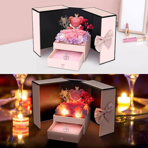 Preserved Flowers Gifts for Women Mom Grandma, Red Rose Bear Forever Flowers Gift Box for Mother's Day, Flower Bear Gifts With Necklace for Her, Wife, Gifts for Christmas, Valentine, Birthday in Saudi Arabia