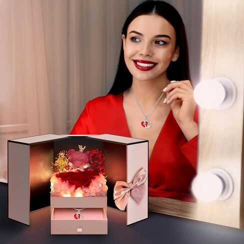 Preserved Flowers Gifts for Women Mom Grandma, Red Rose Bear Forever Flowers Gift Box for Mother's Day, Flower Bear Gifts With Necklace for Her, Wife, Gifts for Christmas, Valentine, Birthday in Saudi Arabia
