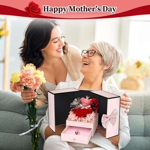 Preserved Flowers Gifts for Women Mom Grandma, Red Rose Bear Forever Flowers Gift Box for Mother's Day, Flower Bear Gifts With Necklace for Her, Wife, Gifts for Christmas, Valentine, Birthday in Saudi Arabia