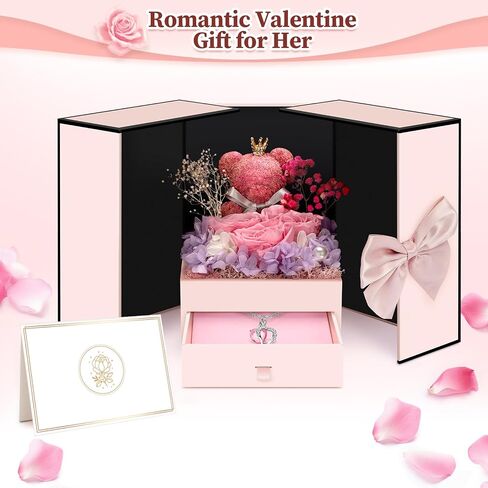 Preserved Flowers Gifts for Women Mom Grandma, Red Rose Bear Forever Flowers Gift Box for Mother's Day, Flower Bear Gifts With Necklace for Her, Wife, Gifts for Christmas, Valentine, Birthday in Saudi Arabia