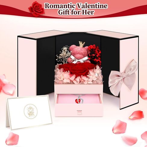 Preserved Flowers Gifts for Women Mom Grandma, Red Rose Bear Forever Flowers Gift Box for Mother's Day, Flower Bear Gifts With Necklace for Her, Wife, Gifts for Christmas, Valentine, Birthday in Saudi Arabia