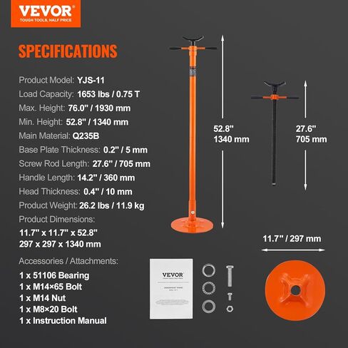 VEVOR SJS-10 Underhoist, Lifting from 38.4" to 74.8" 3/4 Ton Capacity Under Hoist Jack Stand, Bearing Mounted Spin Handle, Two Wheels, Self-Locking Threaded Screw, Support Vehicle Components, Orange in Saudi Arabia
