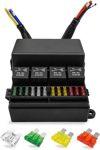 12V Fuse Relay Box Block with 4 Relays and 12 Way ATC/ATO Fuses, Pre Wired Dust-Proof Wiring Box for Auto Car Marine Boat with Tweezers and 12PCS Spare Fuses in Saudi Arabia