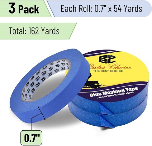 بيتس - شريط طلاء، شريط طلاء 0.7 بوصة، 3 عبوات، 54 ياردة، 162 ياردة إجمالاً، شريط طلاء، شريط لاصق، شريط لاصق أزرق، شريط آمن على الحائط، شريط طلاء، شريط رسام أزرق in Kuwait