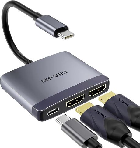 MT-VIKI USB C إلى محول HDMI مزدوج 4K @60 هرتز، موزع USB C 1 في 2 مع شاحن PD 65 وات، لجهاز MacBook Pro Air 2020/2019/2018، Lenovo Yoga 920/Thinkpad T480، Dell XPS 13/15، إلخ in Kuwait