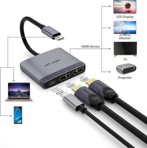 MT-VIKI USB C إلى محول HDMI مزدوج 4K @60 هرتز، موزع USB C 1 في 2 مع شاحن PD 65 وات، لجهاز MacBook Pro Air 2020/2019/2018، Lenovo Yoga 920/Thinkpad T480، Dell XPS 13/15، إلخ in Kuwait