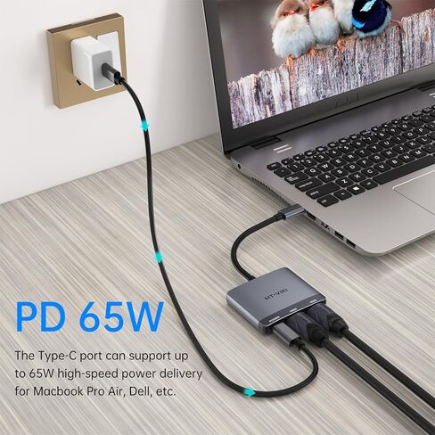 MT-VIKI USB C إلى محول HDMI مزدوج 4K @60 هرتز، موزع USB C 1 في 2 مع شاحن PD 65 وات، لجهاز MacBook Pro Air 2020/2019/2018، Lenovo Yoga 920/Thinkpad T480، Dell XPS 13/15، إلخ in Kuwait