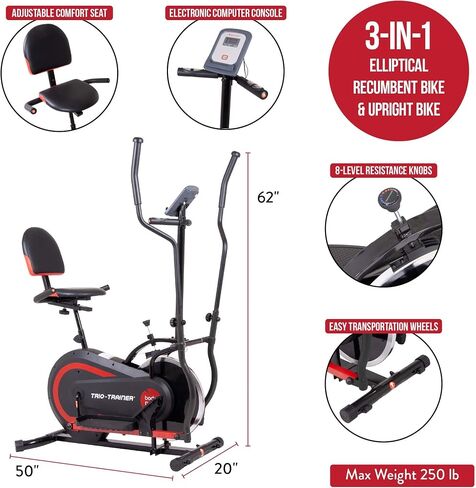 [BODY POWER] - 2nd Gen, PATENTED 3 in 1 Exercise Machine, Elliptical with Seat Back Cushion, Upright Cycling, and Reclined Bike Modes - Digital Computer Targets Different Body Parts, BRT5118 in Saudi Arabia