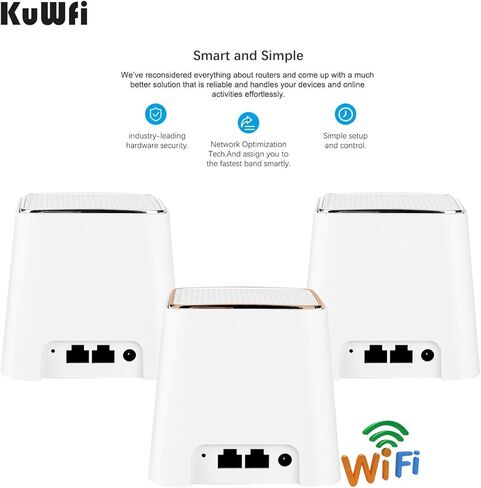 نظام KuWFi Mesh Wi-Fi، غطاء شبكة جيجابت واي فاي، يستبدل جهاز توجيه WiFi وموسع، المنزل بالكامل 6000 قدم مربع. تغطية قدم، معزز شبكة WiFi لاسلكي عالي الأداء وسلس (3 عبوات) in Kuwait