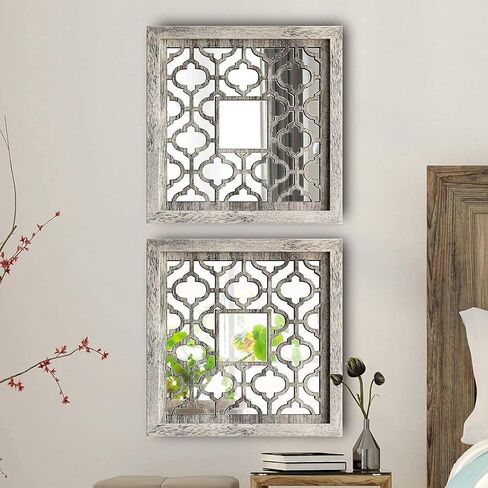 qmdecor مربع ريفي المتعثرة الأبيض مؤطرة مرآة ديكور الحائط 12 × 12 بوصة الحديثة DIY الأزياء خشب ليفي متوسط ​​الكثافة المواد الخشبية الحائط المرايا مجموعة من 2 قطعة in Kuwait