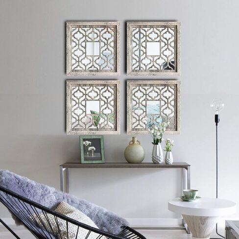 qmdecor مربع ريفي المتعثرة الأبيض مؤطرة مرآة ديكور الحائط 12 × 12 بوصة الحديثة DIY الأزياء خشب ليفي متوسط ​​الكثافة المواد الخشبية الحائط المرايا مجموعة من 2 قطعة in Kuwait