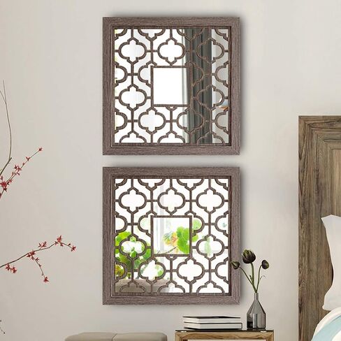 qmdecor مربع ريفي المتعثرة الأبيض مؤطرة مرآة ديكور الحائط 12 × 12 بوصة الحديثة DIY الأزياء خشب ليفي متوسط ​​الكثافة المواد الخشبية الحائط المرايا مجموعة من 2 قطعة in Saudi Arabia