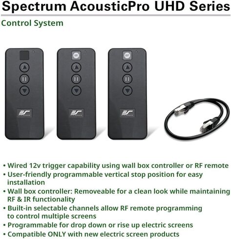 مجموعة أجهزة التحكم عن بعد Spectrum AcousticPro UHD RC1 من Elite Screens، شاشة عرض كهربائية مزودة بمحرك مقاس 100 بوصة، خالية من التموج في الصوت وشفافة ومثقبة للأفلام المنزلية، ELECTRIC100H2-AUHD in Kuwait