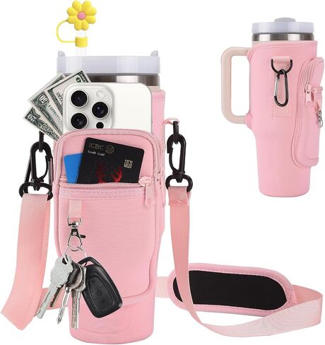 Water Bottle Holder with Strap for Stanley 40 30 Oz Tumbler with Handle,Water Bottle Carrier Bag with Phone Pocket and Sling,Stanley Cup Accessories or Hiking Travelling Camping in Saudi Arabia
