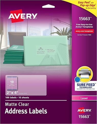 ملصقات شحن قابلة للطباعة من Avery مع تغذية مؤكدة، 2 بوصة × 4 بوصة، شفافة غير لامعة، 100 ملصق بريدي فارغ (15663) in Saudi Arabia