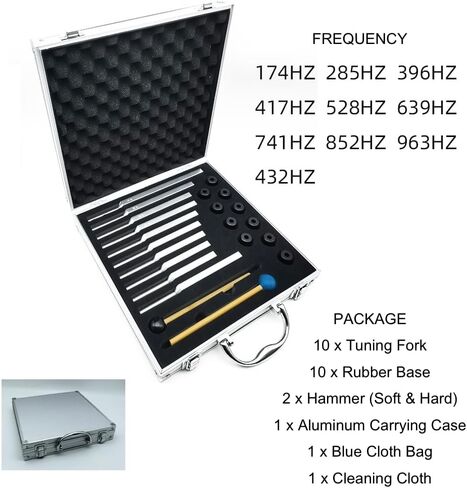 طقم شوكة ضبط سولفيجيو 10 قطع، أدوات علاج بالموسيقى غير مرجحة لشفاء الصوت والتأمل مع مطرقتين (174 هرتز 285 هرتز 396 هرتز 417 هرتز 528 هرتز 639 هرتز 741 هرتز 852 هرتز 963 هرتز 432 هرتز) in Kuwait
