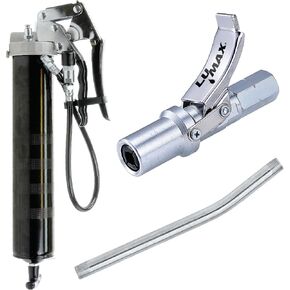 LUMAX Pistol-Grip Grease Gun Kit. Heavy Duty Pistol-Grip Grease Gun with 18" Flexible Hose, 6" Extension Pipe, and Heavy Duty Quick Release Locking Grease Coupler